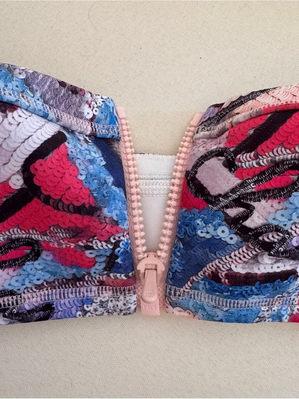 CHANEL Multicolor Sequin print bathing suit Top with Pink Center Zipper.